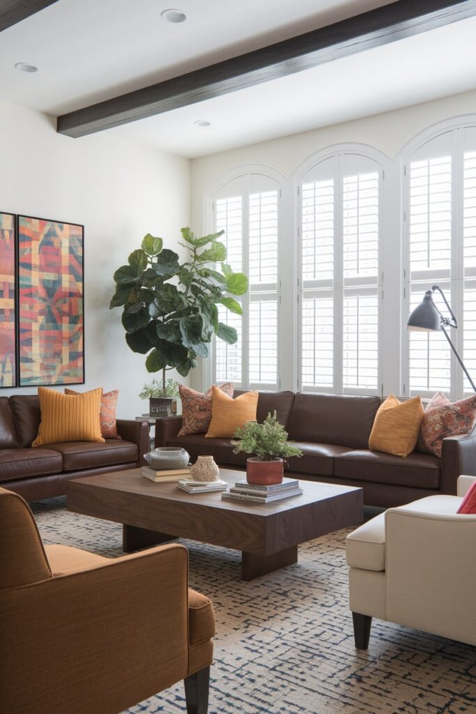 living room with white walls, brown couch and light brown accent chair, colorful pillows and artwork