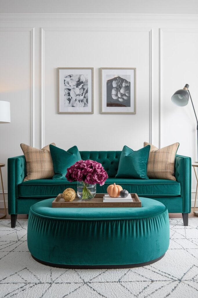 living room with white walls, emerald green velvet couch and ottoman, fall decor