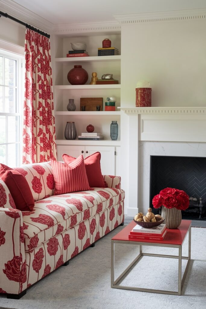 living room with white walls, red floral pattern couch upholstery, and curtains
