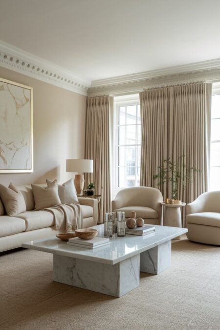 luxurious beige living room with marble coffee table