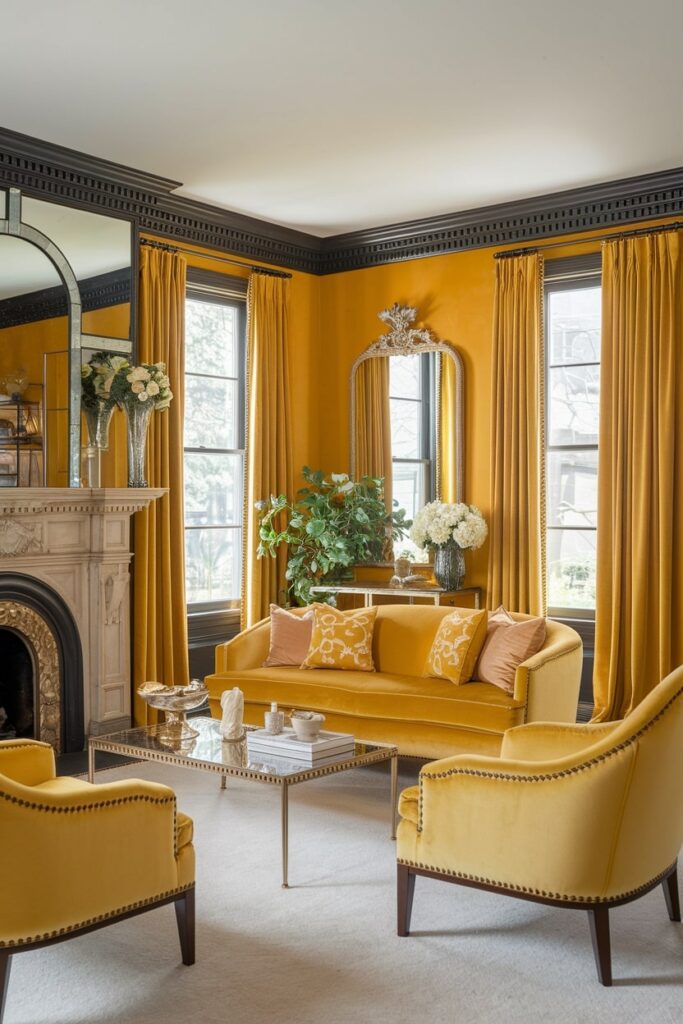 luxurious yellow living room with velvet furniture, mirrors, and vintage accessories