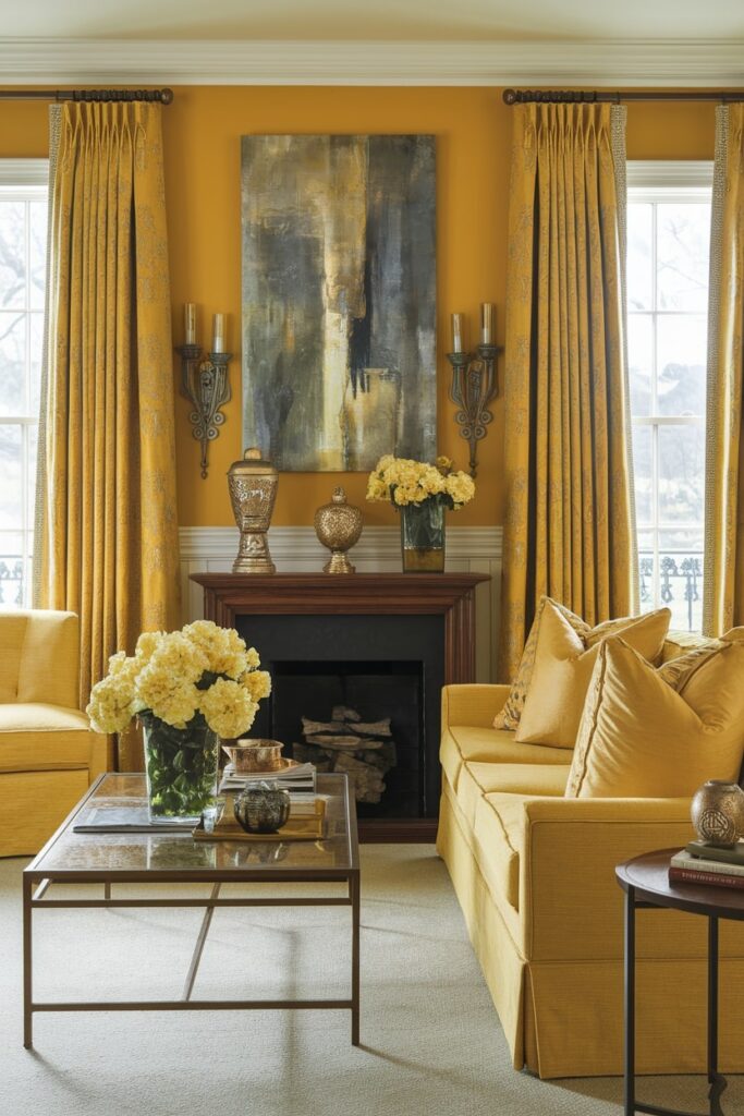 luxury golden yellow living room with mahogany side table and bronze accessories