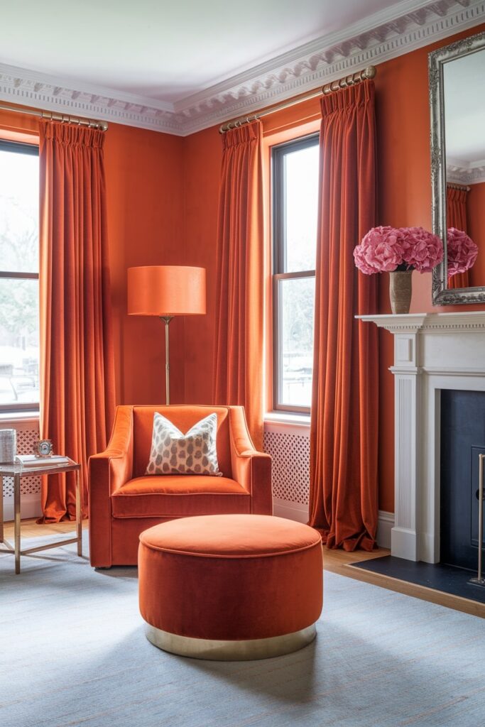 luxury orange living room with orange velvet armchair and white fireplace surround