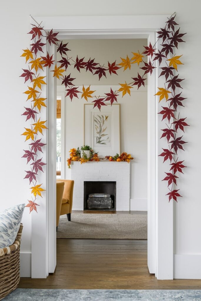 maple leaf garland draped across doorway as Thanksgiving decor