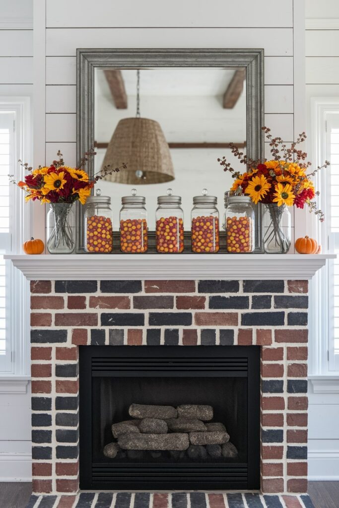 mason jars filled with candy corn as fall mantel decor