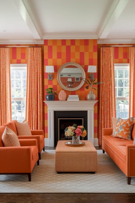 maximalist orange living room with various shades of orange and patterns