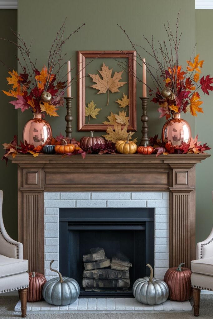 metallic tone pumpkins, copper vases with autumn branches, bronze candlesticks as Thanksgiving mantel decor