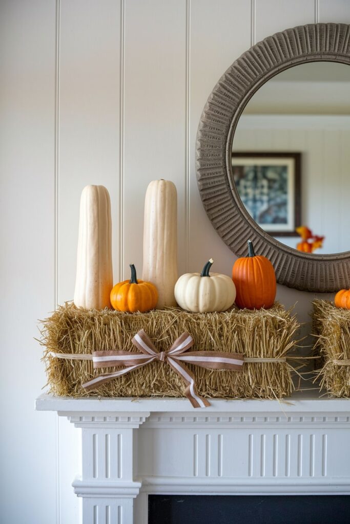 mini hay bales and mini pumpkins as fall mantel decorations