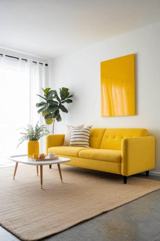 minimalist living room with white walls, lemon yellow couch and artwork