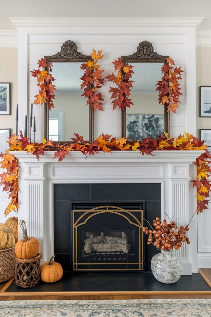 mirrors above mantel decorated with fall leaf garlands