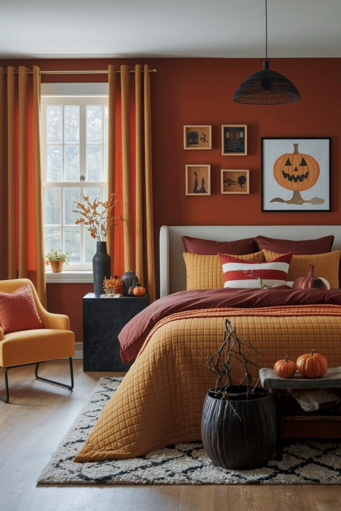 modern bedroom in rich autumn color palette with Halloween decor