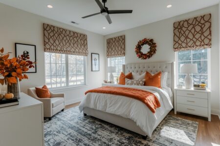 modern bedroom with fall decorations, orange accents, fall wreath