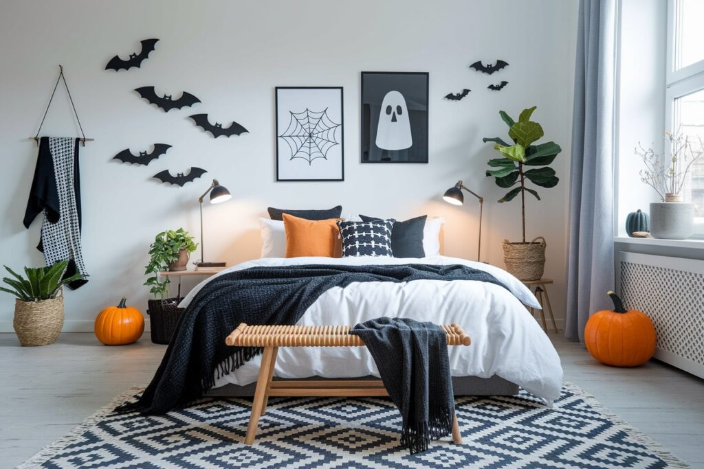 27 Halloween Bedroom Decor Ideas for a Spooky Vibe modern bedroom with Halloween decorations