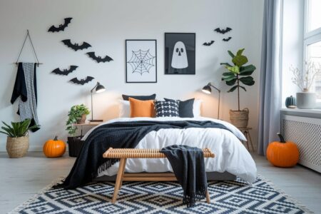 modern bedroom with Halloween decorations