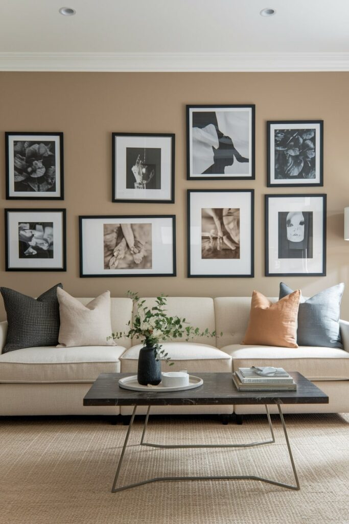 modern beige living room has a gallery wall with black and white photography, sepia toned prints in black frames