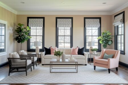 modern beige living room with black and soft pink accents
