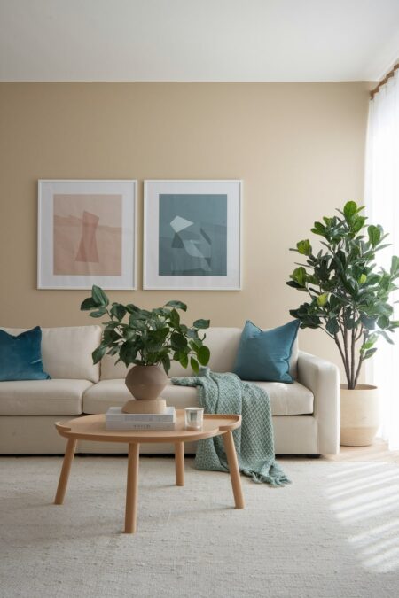 modern beige living room with muted blue throw pillows and dusty pink artwork