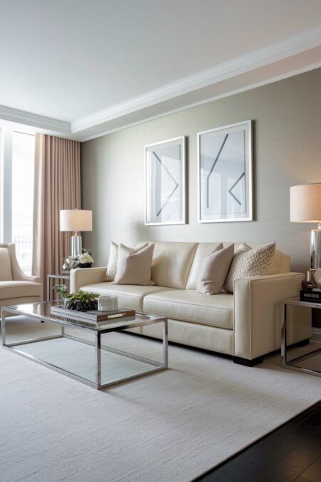 modern beige living room with sleek beige leather sofa, glass coffee table, and chrome accent pieces