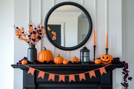 modern black mantel with orange and deep purple Halloween decorations, orange foliage