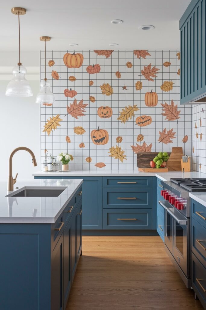 modern blue kitchen with decals featuring Halloween motifs on white backsplash