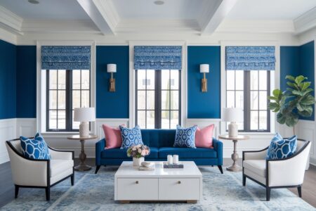 modern blue living room with white combination and subtle pink accents