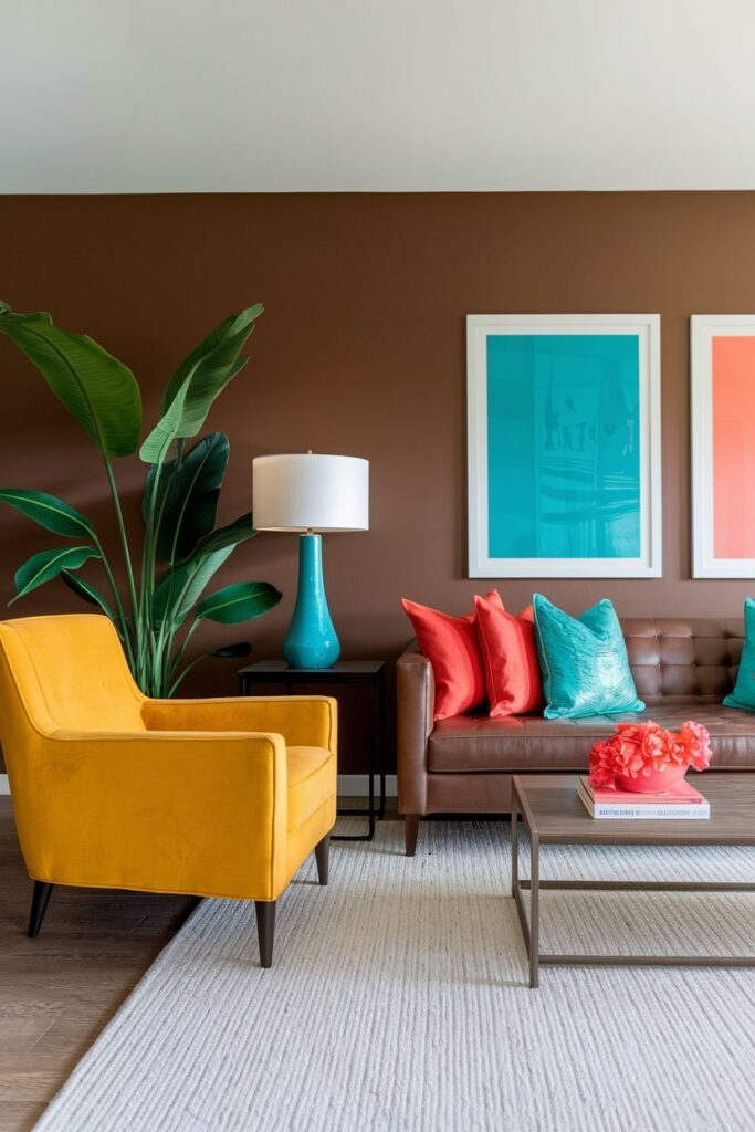 modern brown living room with pops of color like turquoise and coral, yellow accent chair
