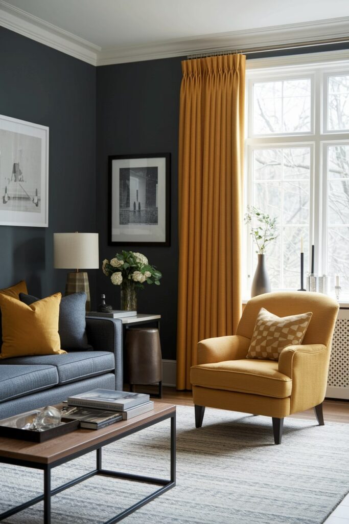 modern charcoal gray living room with mustard yellow accents, armchair, curtains, throw pillows