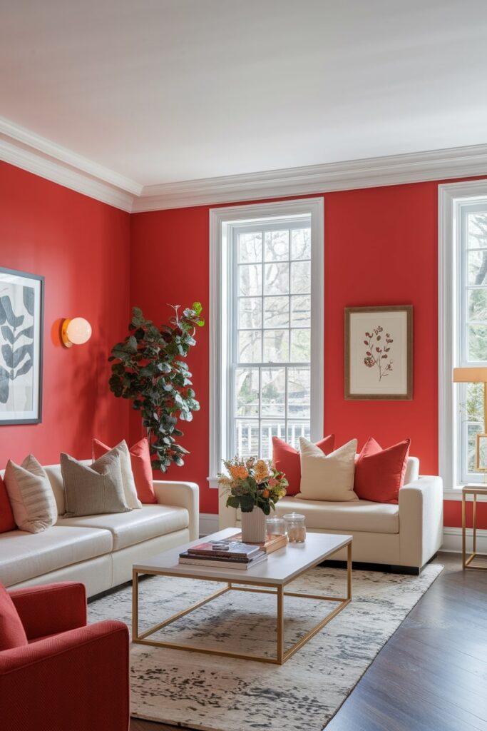 modern coral red living room with white furniture