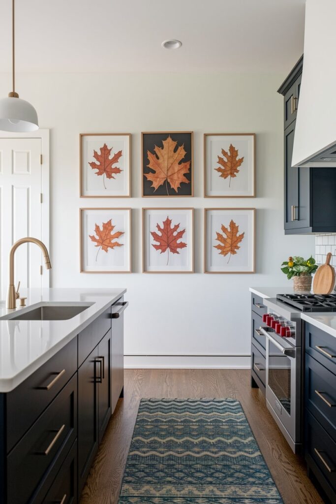 modern dark blue kitchen, white wall with fall-themed prints of autumn leaves as fall kitchen decor