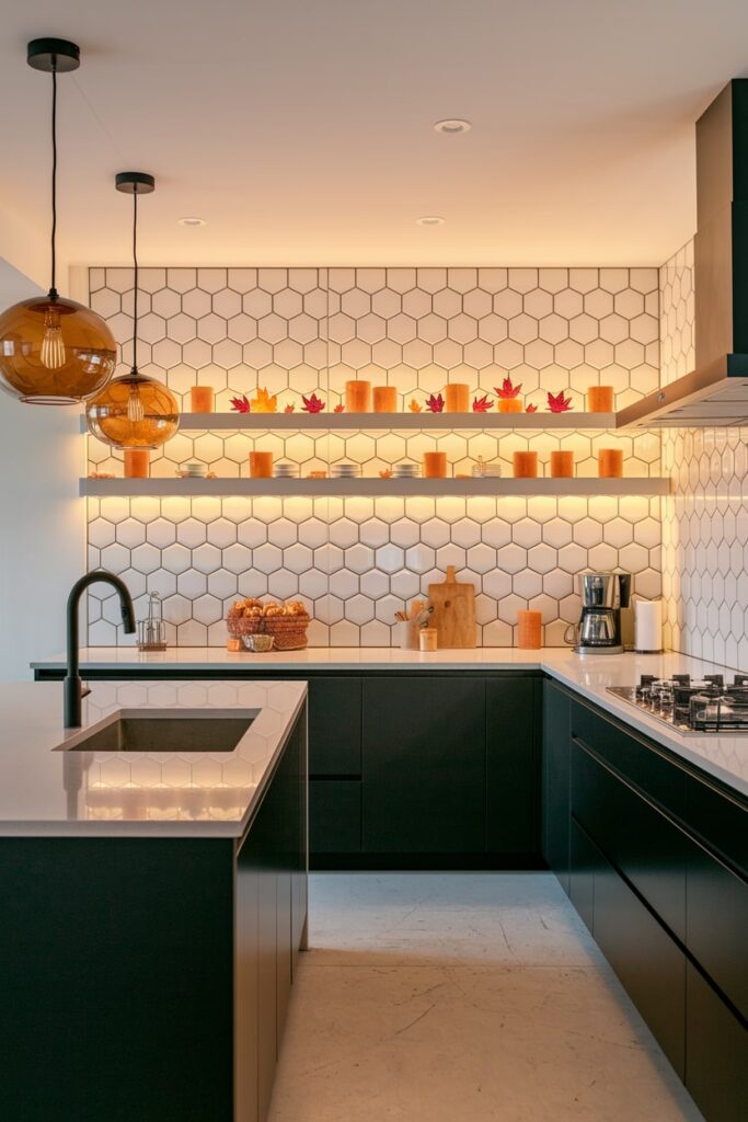 modern dark green kitchen with white backsplash, amber glass pendant lights, ambient lighting on open shelves, fall decor