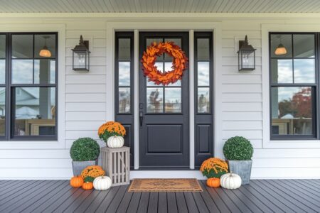 modern fall front porch with seasonal wreath