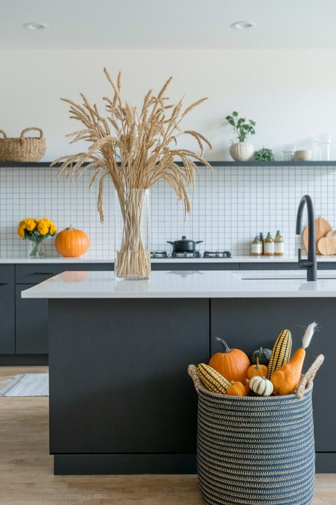 modern gray kitchen with woven basket filled with Indian corn and decorative pumpkins as Halloween decor