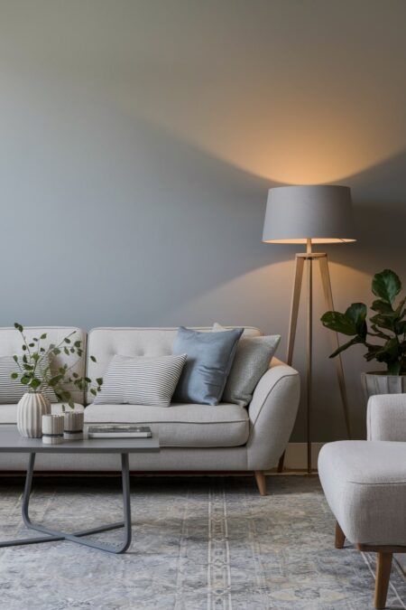 modern gray living room has a floor lamp with a gray shade and warm light