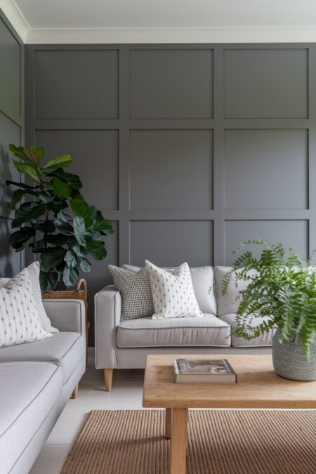 modern gray living room with board and batten, light gray couches, light wood coffee table, and jute rug