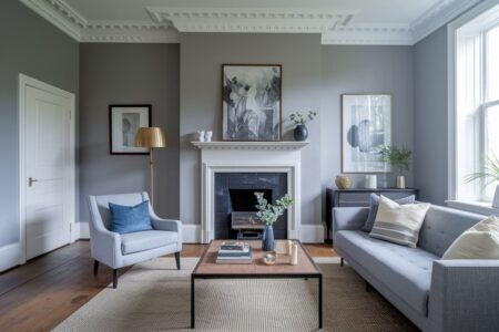 modern gray living room with fireplace and abstract artwork