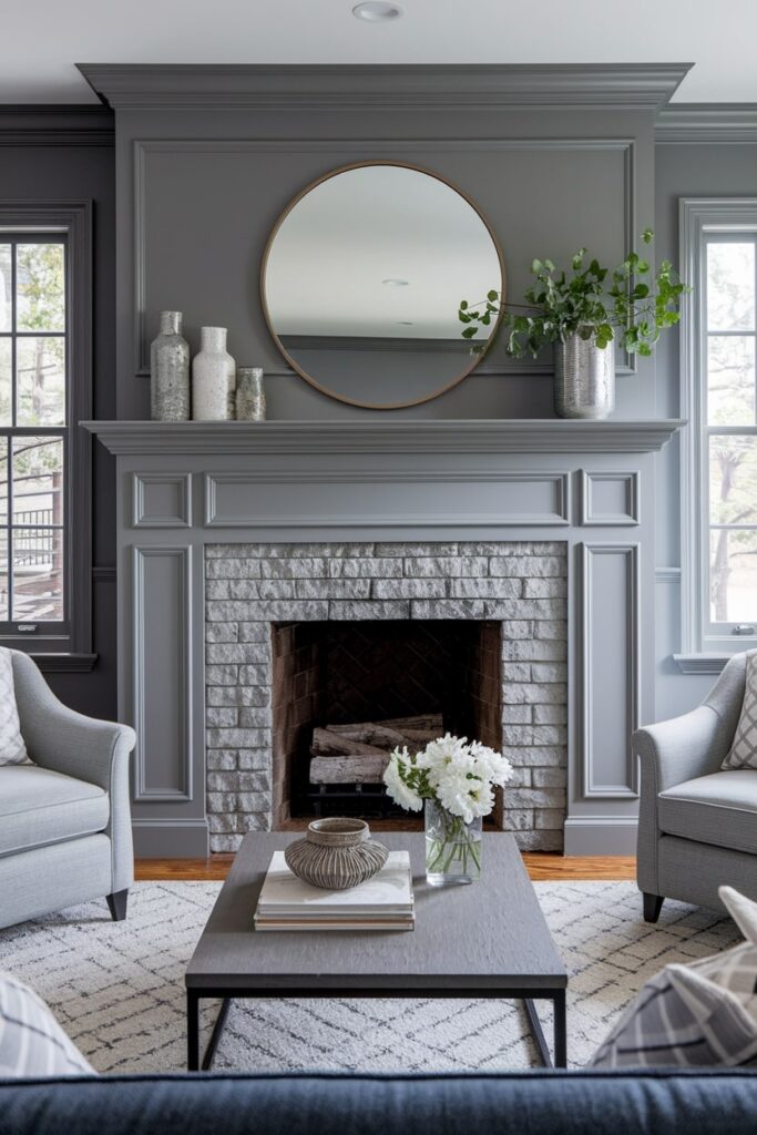 modern gray living room with gray fireplace and mantel