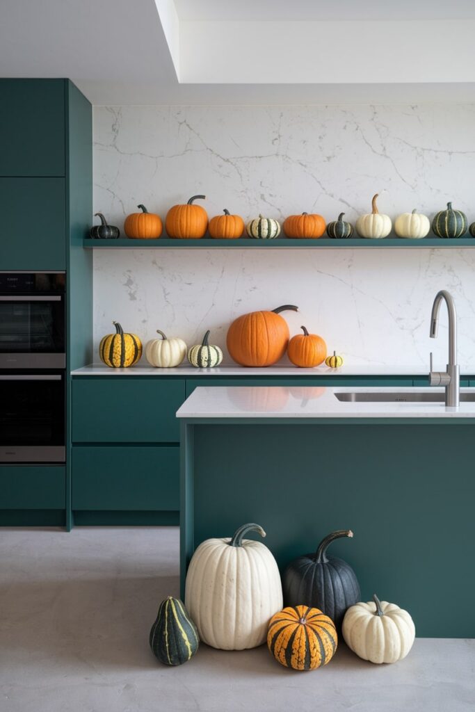 modern green-blue kitchen with various pumpkins on open shelving and on the floor beside island, fall kitchen decor