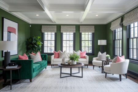 modern green living room with black windows