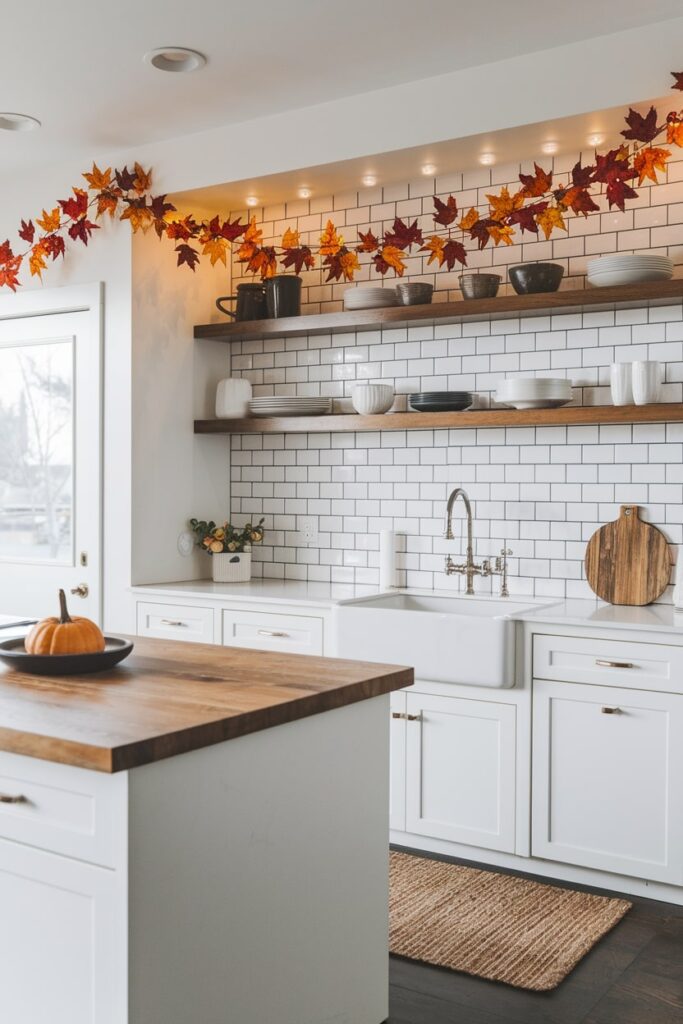modern kitchen with autumn leaf garland draped above open shelving as Halloween decor
