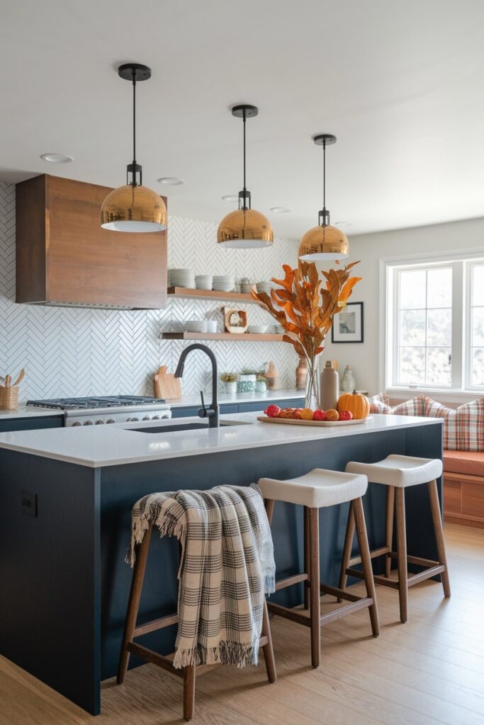 modern kitchen with blue cabinets, wooden shelves, gold pendant lamps, throw over bar stool and plaid cushions on breakfast nook seating as fall decor