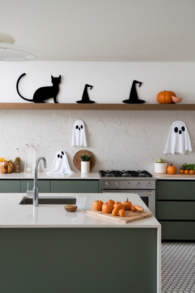 modern kitchen with costume-inspired Halloween decor, black cat silhouettes, witch hat trivets, ghosts