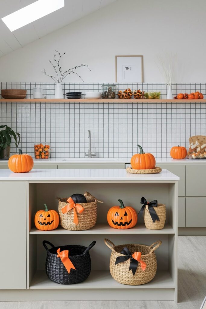 modern kitchen with decorative Halloween-themed storage baskets with orange and black ribbons