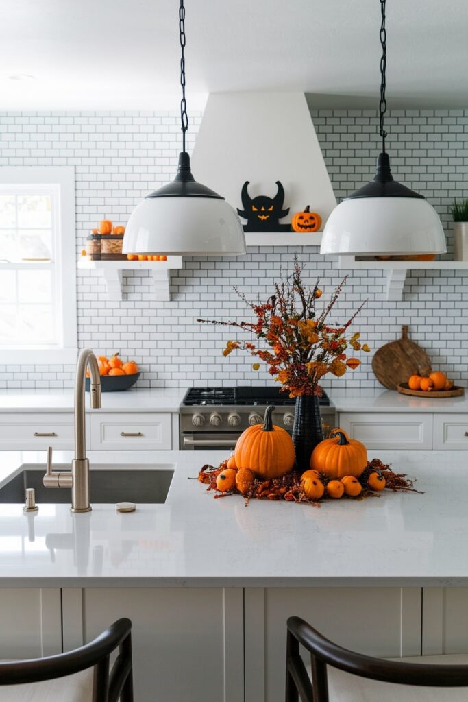 modern kitchen with Halloween decor centerpiece, pumpkins, vase with fall foliage on the kitchen island