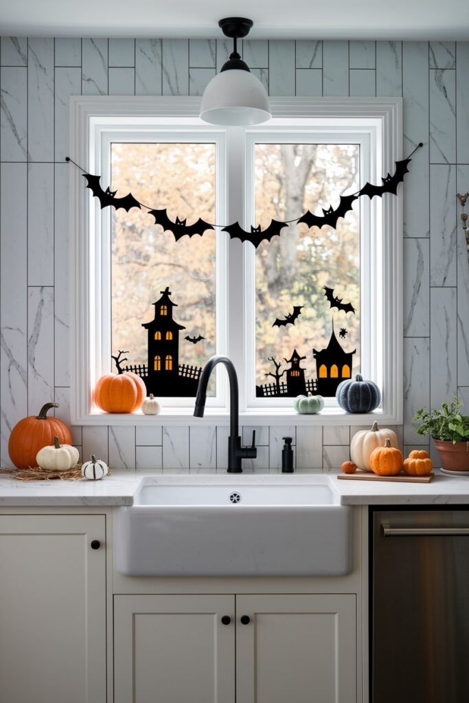 modern kitchen with Halloween decor on windows, bat garland, haunted houses window clings, pumpkins on the windowsill