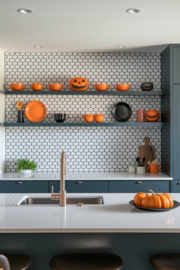 modern kitchen with Halloween-themed dinnerware in orange and black colors showcased on open shelving
