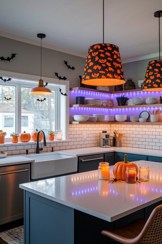 modern kitchen with Halloween-themed lampshades and decorative bat silhouettes