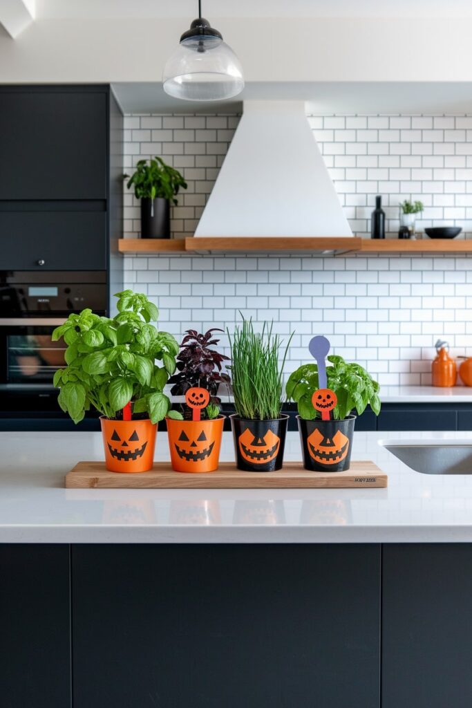 modern kitchen with herbs in Halloween-themed decorative pots