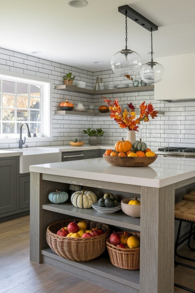 modern kitchen with island, fall decor, wooden bowl with small pumpkins, wicker baskets with apples and pears