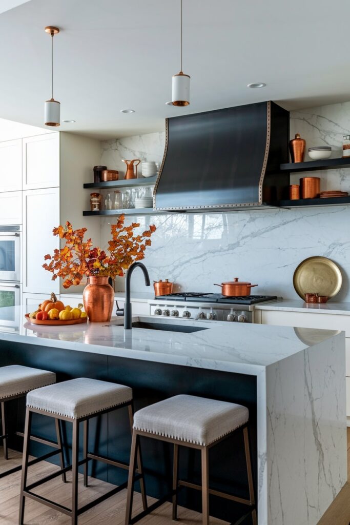 modern kitchen with marble backsplash and island, copper accents as fall kitchen decor