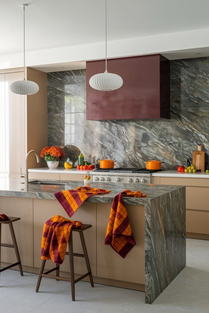 modern kitchen with orange and burgundy dish towels as Halloween decor